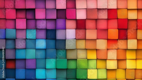 Colorful mosaic small squares arranged grid-like pattern are background of wooden