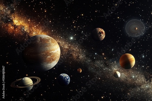 A stunning view of our solar system with planets, stars, and the Milky Way galaxy. photo