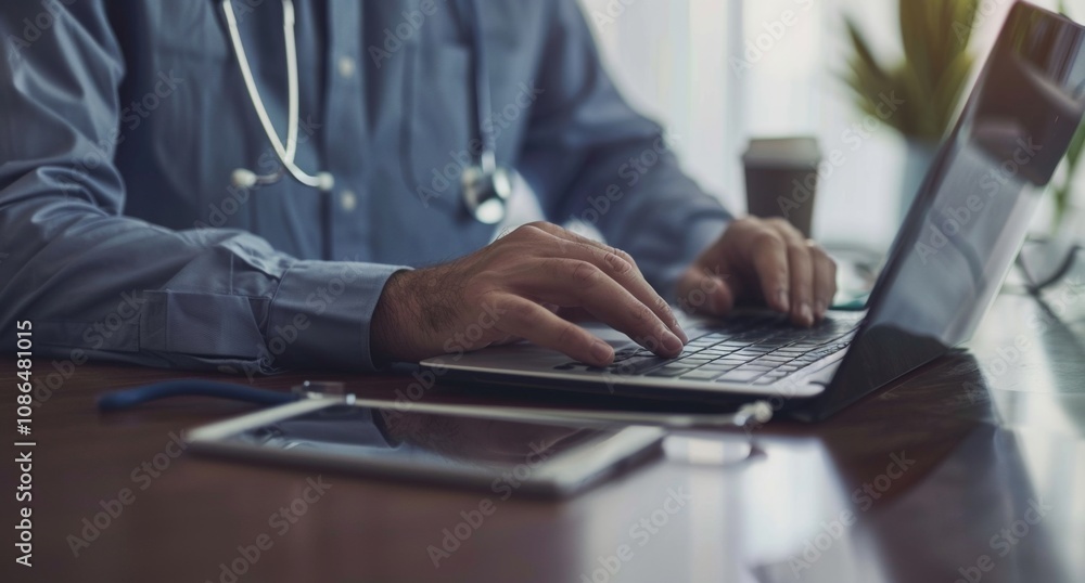 Male Doctor Typing on Laptop in Office Setting Male Doctor Typing on Laptop in Office Setting