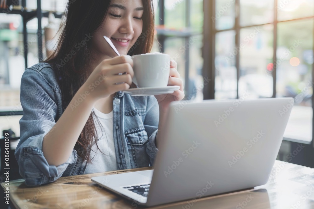 Relaxed Businesswoman Surfing the Web with Coffee in Hand at a Charming Cafe Relaxed Businesswoman Surfing the Web with Coffee in Hand at a Charming Cafe