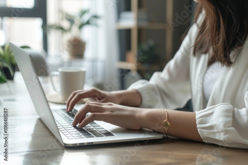 Woman Typing on Laptop Keyboard at Home Office 