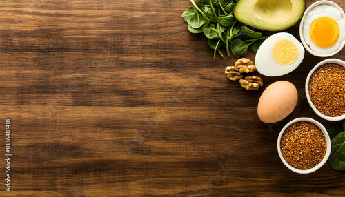 Healthy eating concept. Top view of eggs, avocado, spinach, walnuts, and flax seeds arranged on a rustic wooden background. Plenty of copy space.