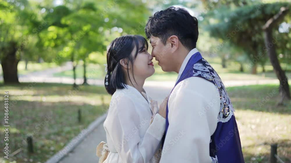 A Korean couple, a man in his 30s holding a woman in her 20s, at a historical park in Seoul, South Korea. slow motion. A Korean couple, a man in his 30s holding a woman in her 20s, at a historical park in Seoul, South Korea. slow motion.