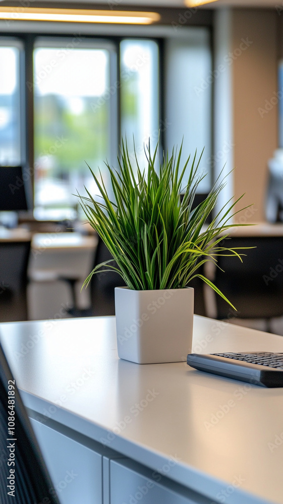 modern office setting featuring green plant in white pot, creating refreshing atmosphere modern office setting featuring green plant in white pot, creating refreshing atmosphere