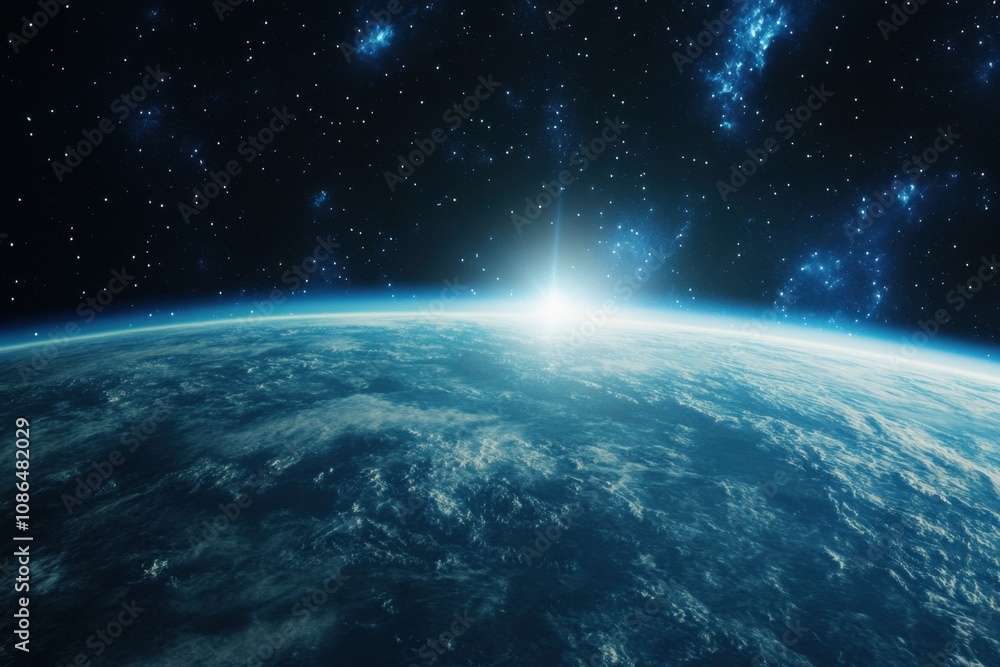 Fototapeta premium A sunrise over a blue planet with a bright light and a nebula in the background.