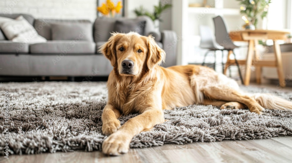 Stunning Golden Retriever Sitting on Lush Carpet Stunning Golden Retriever Sitting on Lush Carpet