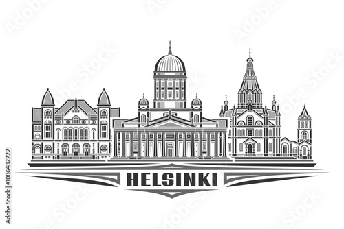 Vector illustration of Helsinki, monochrome horizontal card with linear design helsinki city scape, european urban line art concept with decorative letters for black text helsinki on white background