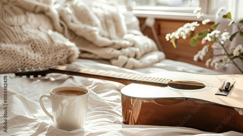 Coffee and Music: Guitar and Cup on a White Background Coffee and Music: Guitar and Cup on a White Background