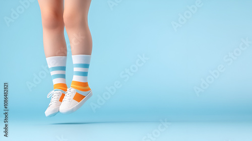 Woman's long, slim legs in blue jeans, colorful socks, and fashionable footwear