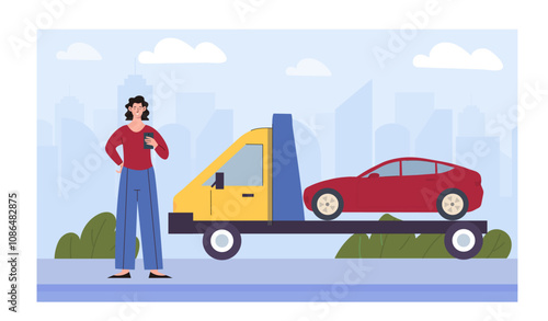 Woman with tow car. Young girl near truck with red automobile. Transport and vehicle. Bad parking and accident at road. Flat vector illustration isolated on white background