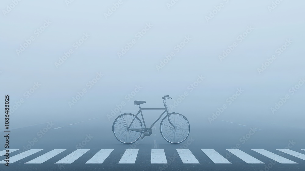 Fototapeta premium Foggy Road Bicycle at Crosswalk Minimalist Scene 3D Render