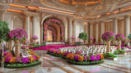 Elegant floral decorations in luxurious venue create vibrant atmosphere for events. soft lighting enhances pastel colors, making it perfect setting for celebrations