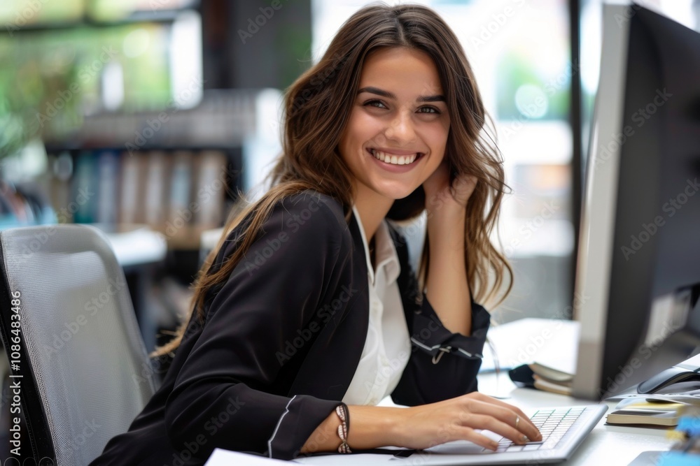 Genuine Joy: Young Woman's Cheerful Presence at Desk Genuine Joy: Young Woman's Cheerful Presence at Desk