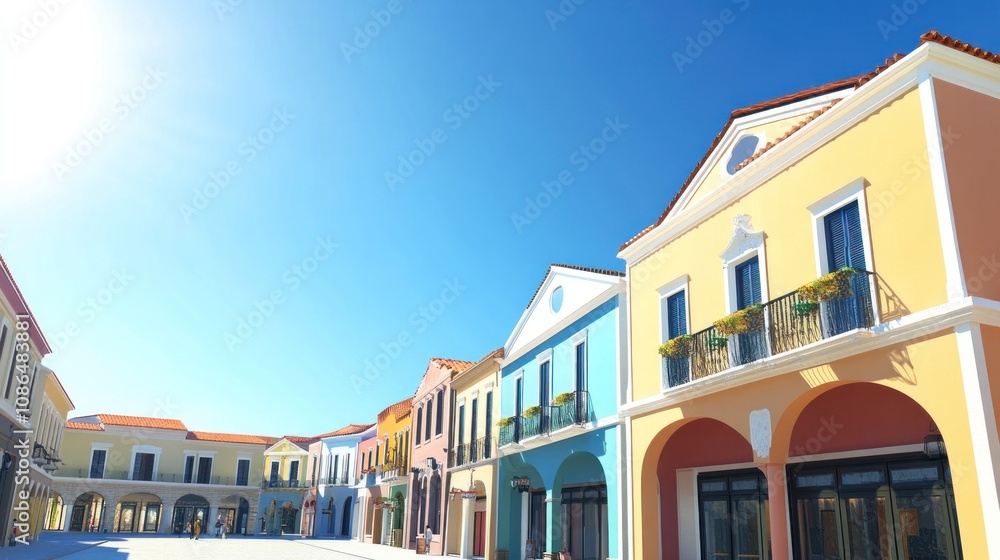 Naklejka premium Colorful buildings under a clear blue sky in a vibrant setting.