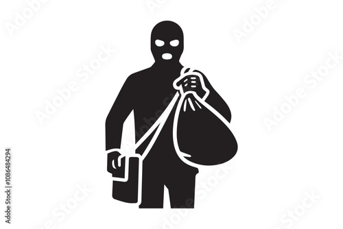 masked robber carrying a bag vector silhouette isolated in white background