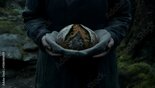 Dark moody image of hands reverently holding a freshly baked sourdough loaf of bread.  The bread is the focal point against a blurred, mysterious background. photo