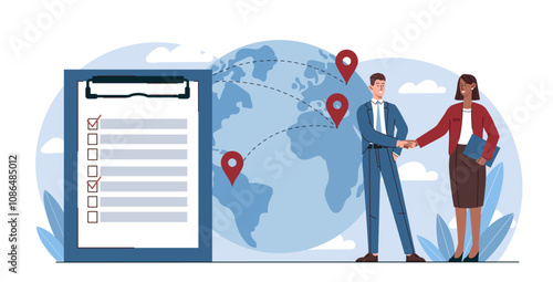 People with worldwide transportation. Man and woman shake hands against backdrop of planet with GPS markers. Distribution, logistics and shipping. Import and export. Flat vector illustration