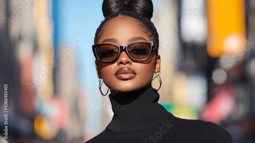 A stylish woman poses confidently in the city, showcasing her chic sunglasses and elegant fashion. Urban fashion meets attitude in a vibrant setting.