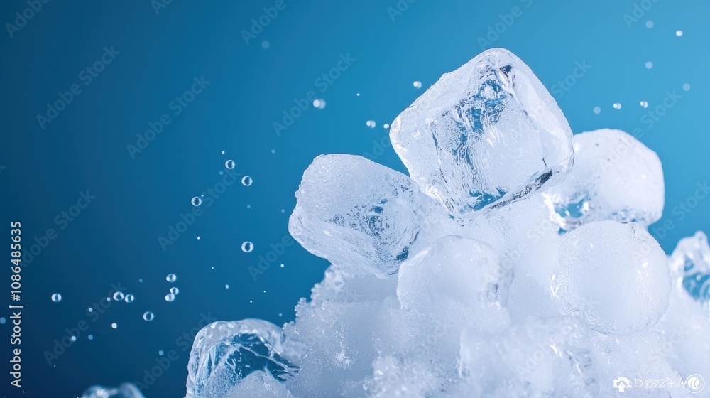 Winter micro landscapes composition. Close-up of ice cubes with water droplets against a blue background. Winter micro landscapes composition. Close-up of ice cubes with water droplets against a blue background.