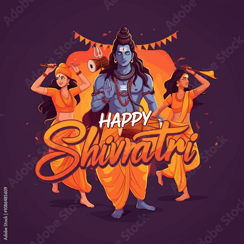 Colorful Maha Shivratri illustration showcasing Lord Shiva dancing with devotees under festive decorations, symbolizing cosmic energy and joy photo