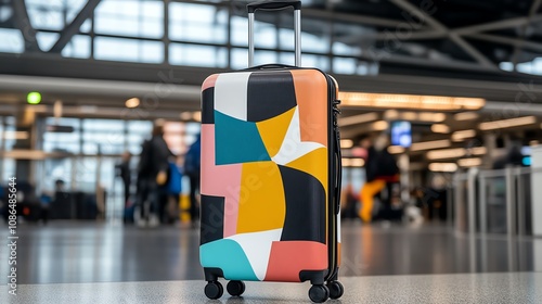 A colorful mosaicstyle suitcase, standing out in a busy airport photo