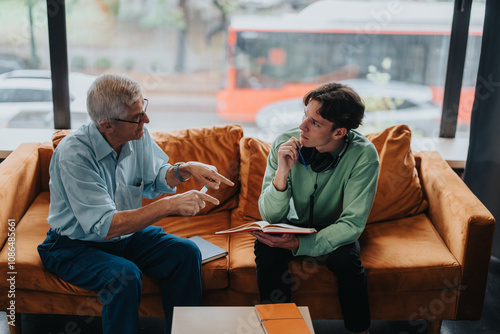 An elderly mentor providing guidance to a young student seated on a cozy sofa. The discussion embodies wisdom sharing and attentive listening in a quiet study environment.