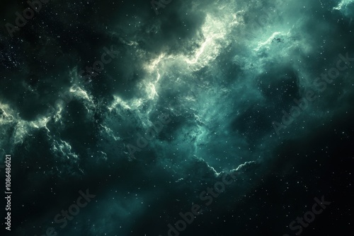 A swirling nebula of teal and white gas against a black background.