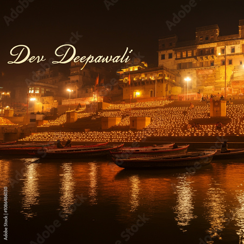 Stunning Dev Deepawali celebration with illuminated ghats, countless diyas, and the serene backdrop of the Ganges river in Varanasi photo