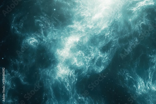 A swirling nebula of teal and white gas in space.