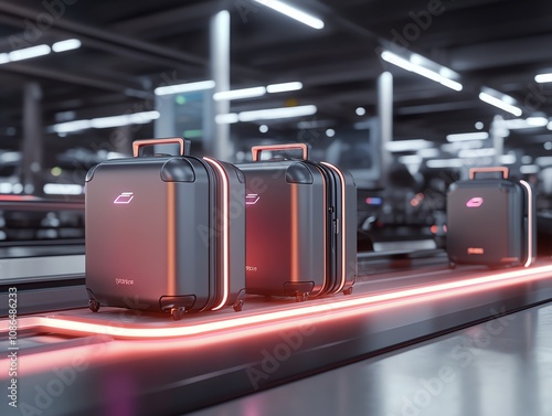 A futuristic luggage conveyor belt filled with glowing hightech suitcases photo