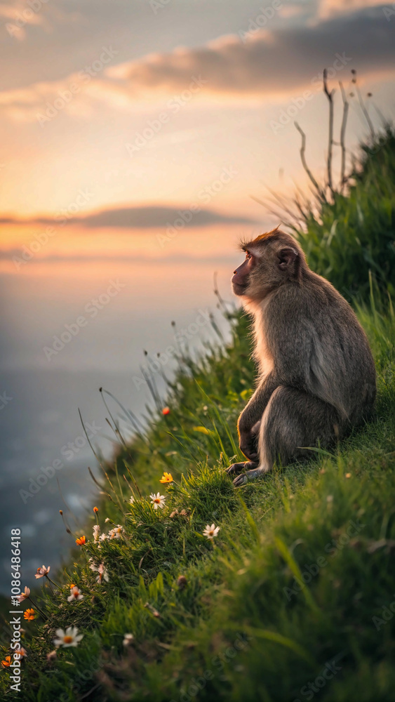 Naklejka premium Golden Hour Monkey on a Hillside