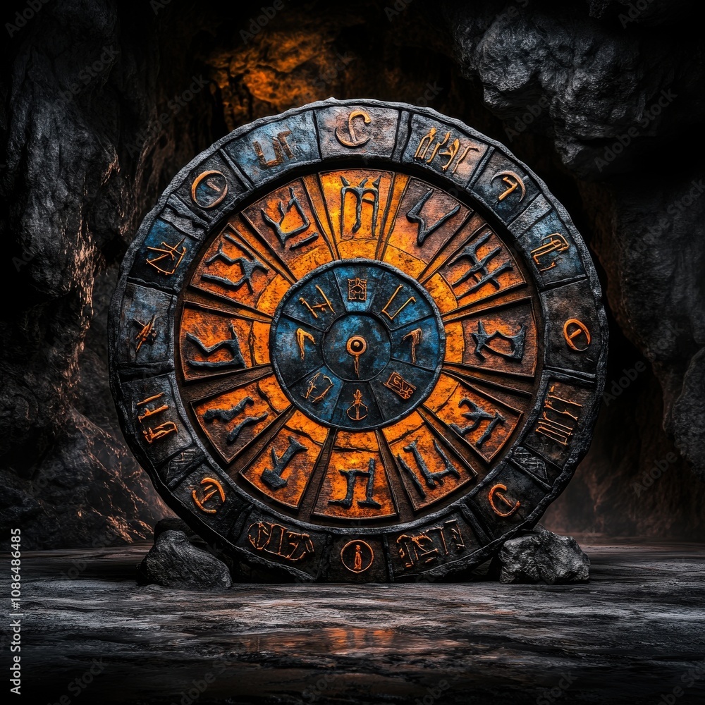 Obraz premium Ancient Mystical Symbolism: Intricately Carved Stone Wheel with Astrological Signs and Symbols Set Against a Dramatic Cave Background