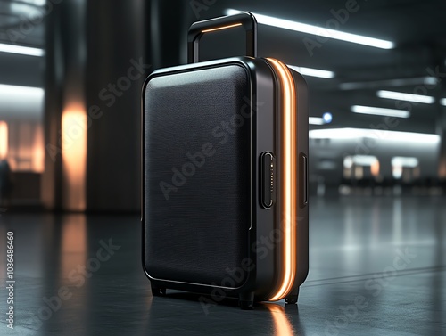 A futuristic suitcase glowing with neon accents in a dim airport photo