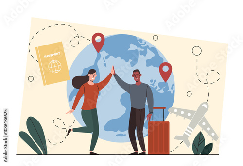 People with international travel. Man and woman with luggage against backdrop of planet and airplane. Holiday and vacation, travel and tourism. Flight and journey. Flat vector illustration