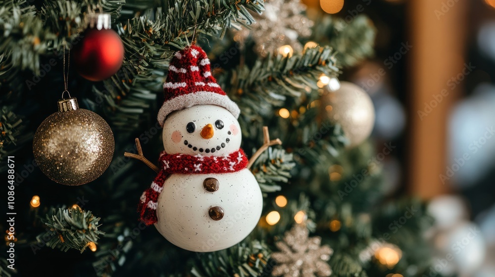 A white snowman ornament with a red hat and scarf hangs on a green Christmas tree with golden and red ornaments. A white snowman ornament with a red hat and scarf hangs on a green Christmas tree with golden and red ornaments.