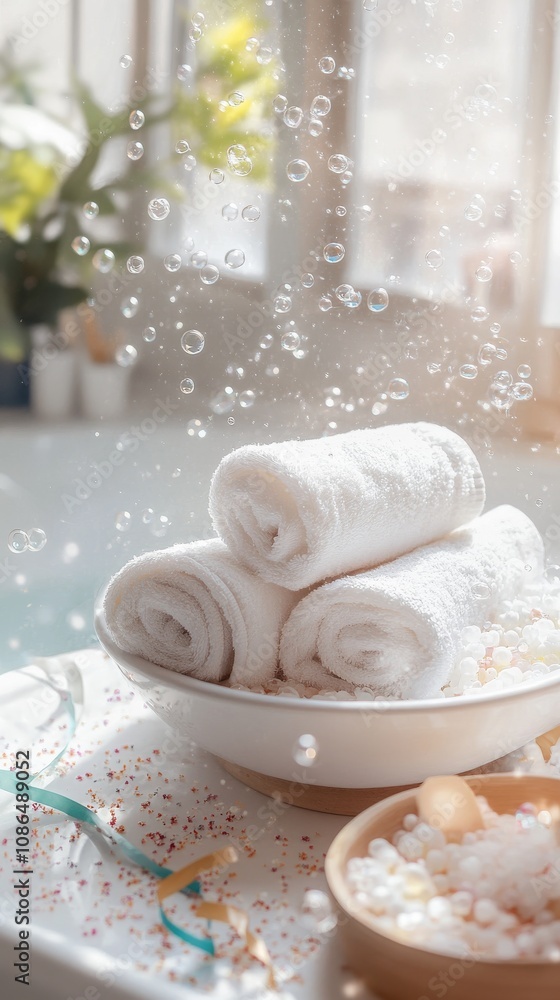 An empty scene featuring blank mockup template filled with a stack of rolled-up towels, bath salts, and a small tub of bubbles with a festive streamer, celebrating Bathtub Party Day, An empty scene featuring blank mockup template filled with a stack of rolled-up towels, bath salts, and a small tub of bubbles with a festive streamer, celebrating Bathtub Party Day,