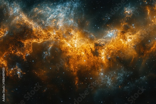 A vibrant nebula fills the vast, dark space with swirling clouds of gas and dust, creating a celestial spectacle.