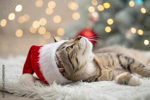 Kätzchen mit Weihnachtsmütze entspannt vor festlicher Kulisse photo