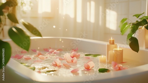 Wallpaper Mural An empty scene featuring blank mockup template filled with a serene bath with petals and glitter bubbles, surrounded by small candles and bath oils, celebrating Bathtub Party Day,  Torontodigital.ca