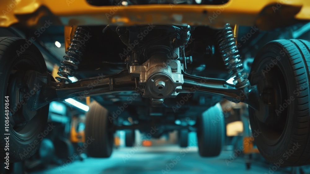 Fototapeta premium Close-up view of a car's rear axle suspension system with shocks, wheels, and differential.