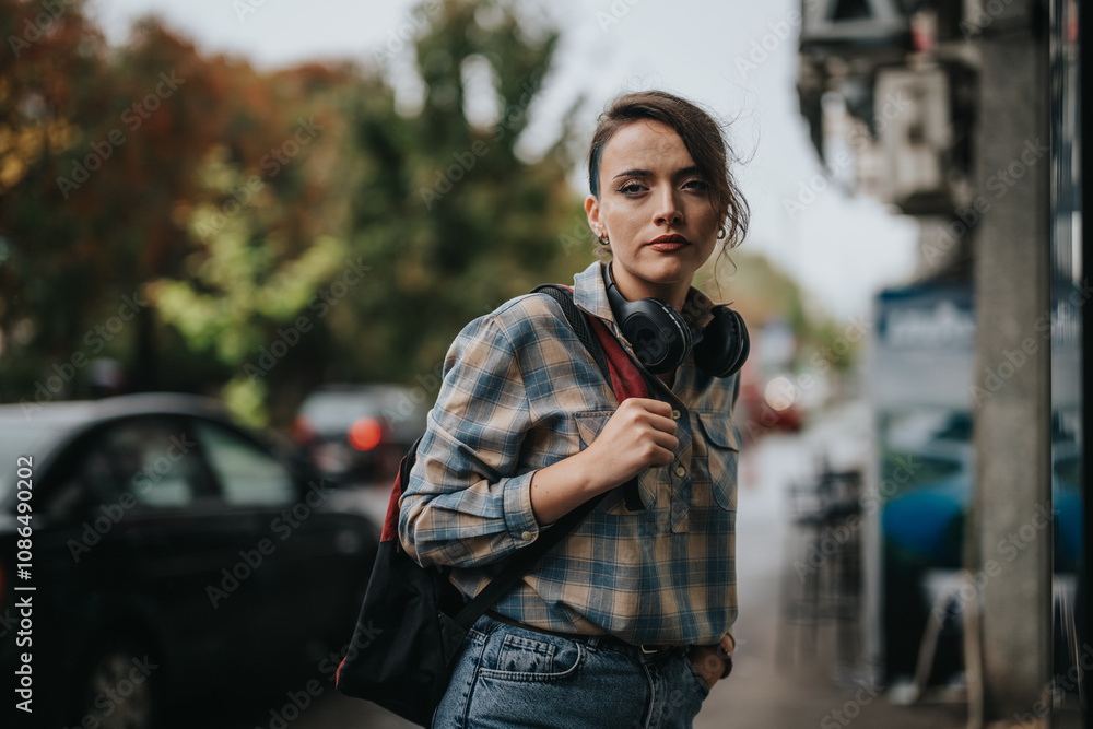 A young woman confidently walks down a city street with headphones around her neck, embodying a sense of independence and style against an urban backdrop. A young woman confidently walks down a city street with headphones around her neck, embodying a sense of independence and style against an urban backdrop.