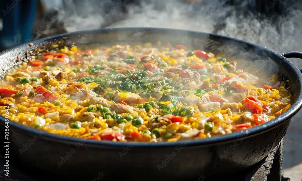 Sizzling Mixed Vegetables and Chicken Stir Fry in Large Pan Sizzling Mixed Vegetables and Chicken Stir Fry in Large Pan