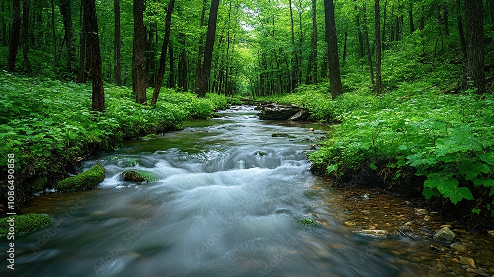A serene forest scene featuring a flowing river surrounded by lush greenery. A serene forest scene featuring a flowing river surrounded by lush greenery.