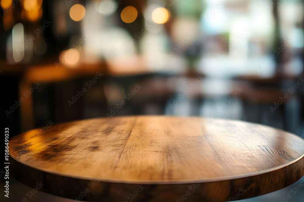 Fototapeta premium Rustic Wooden Table with Blurred Bokeh Lights in Cozy Setting