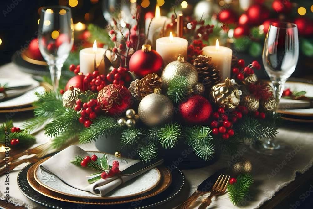 Detail and creative image of Christmas Festive Table Centerpiece Detail and creative image of Christmas Festive Table Centerpiece