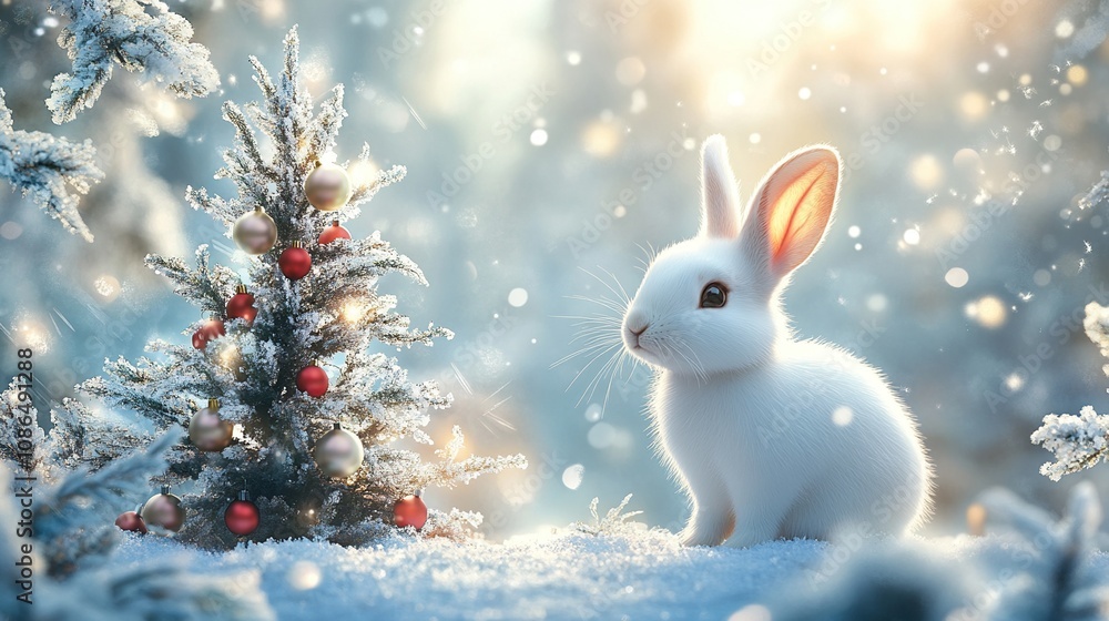 A serene winter scene featuring a white rabbit beside a decorated Christmas tree. A serene winter scene featuring a white rabbit beside a decorated Christmas tree.