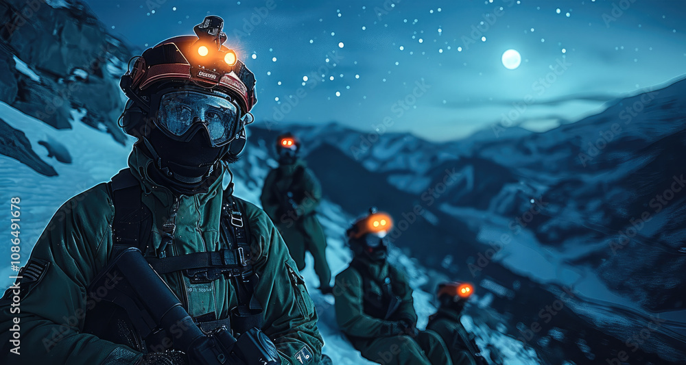 A search and rescue team using night vision goggles to locate missing individuals in a mountainous area at night. The team is surrounded by rugged terrain. A search and rescue team using night vision goggles to locate missing individuals in a mountainous area at night. The team is surrounded by rugged terrain.