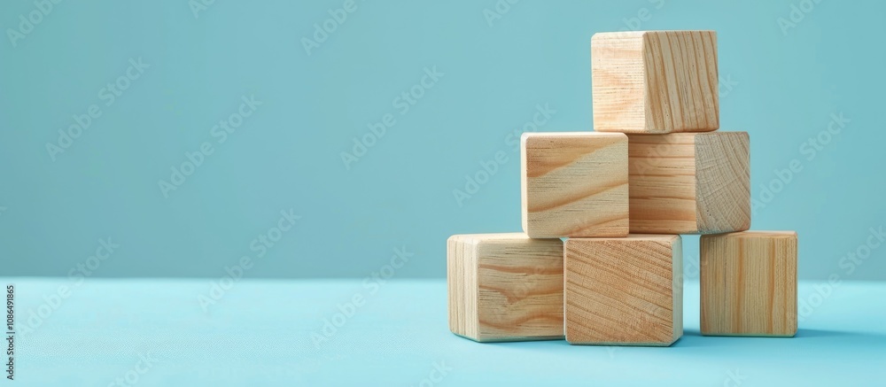 Stacking Wooden Cubes On Blue Background For Infographic Use Stacking Wooden Cubes On Blue Background For Infographic Use