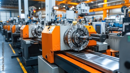 A row of industrial machinery with orange and grey paint in a factory setting.