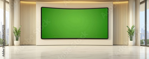 Modern conference room with a large green screen and minimalistic design, ideal for presentations and creative projects.